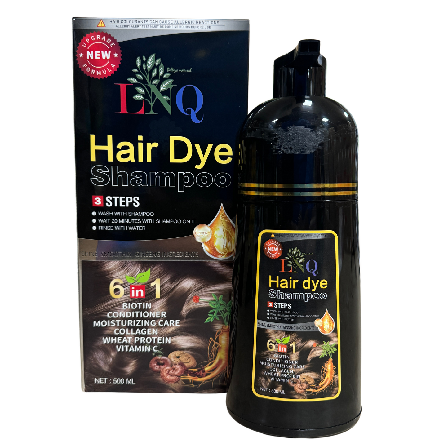 Shampoo con Tinte Natural 6 en 1 de Ginseng LNQ – Cubre Canas, Fortalece y Da Brillo | Tinte Capilar con Extractos Naturales