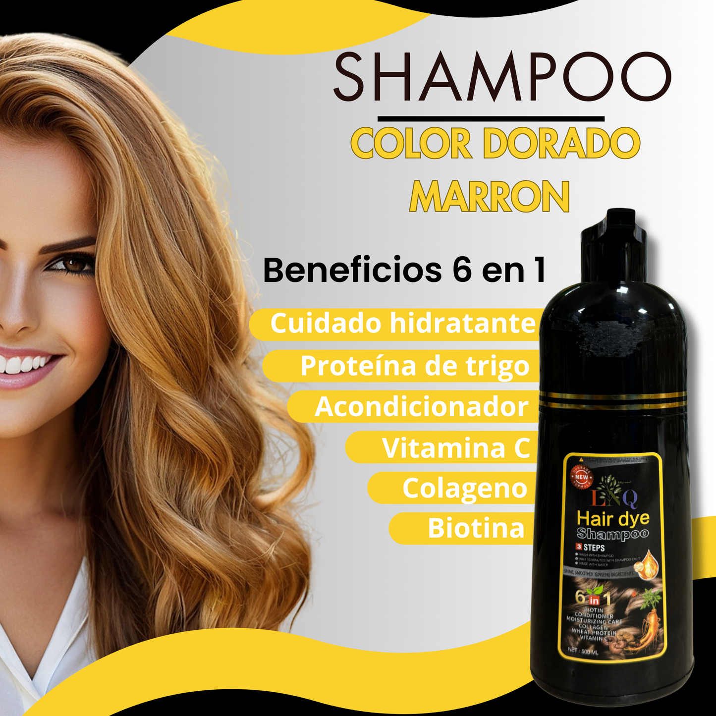 Shampoo con Tinte Natural 6 en 1 de Ginseng LNQ – Cubre Canas, Fortalece y Da Brillo | Tinte Capilar con Extractos Naturales