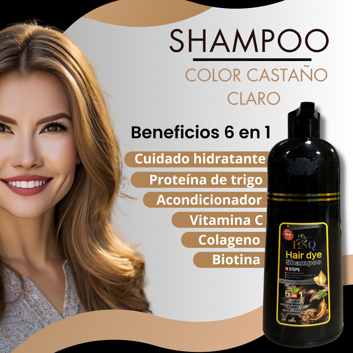Shampoo con Tinte Natural 6 en 1 de Ginseng LNQ – Cubre Canas, Fortalece y Da Brillo | Tinte Capilar con Extractos Naturales
