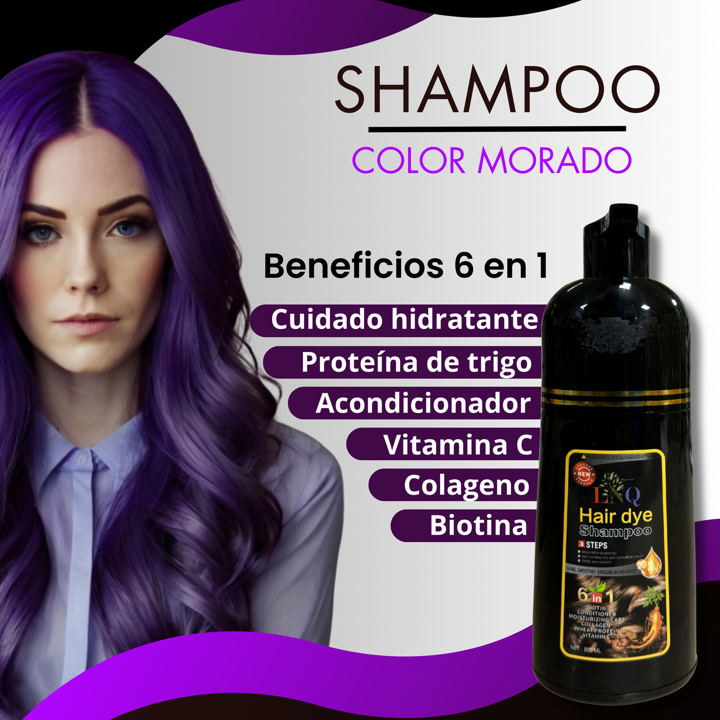 Shampoo con Tinte Natural 6 en 1 de Ginseng LNQ – Cubre Canas, Fortalece y Da Brillo | Tinte Capilar con Extractos Naturales