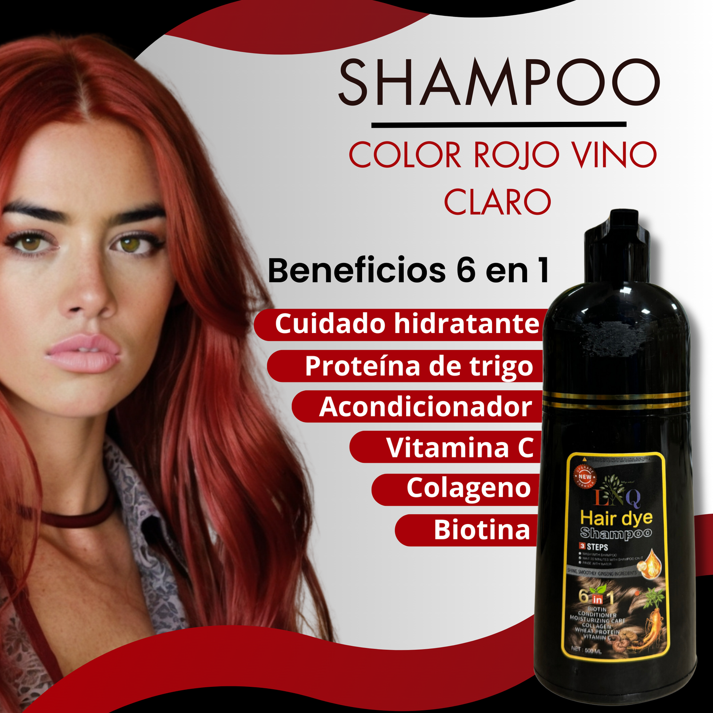 Shampoo con Tinte Natural 6 en 1 de Ginseng LNQ – Cubre Canas, Fortalece y Da Brillo | Tinte Capilar con Extractos Naturales