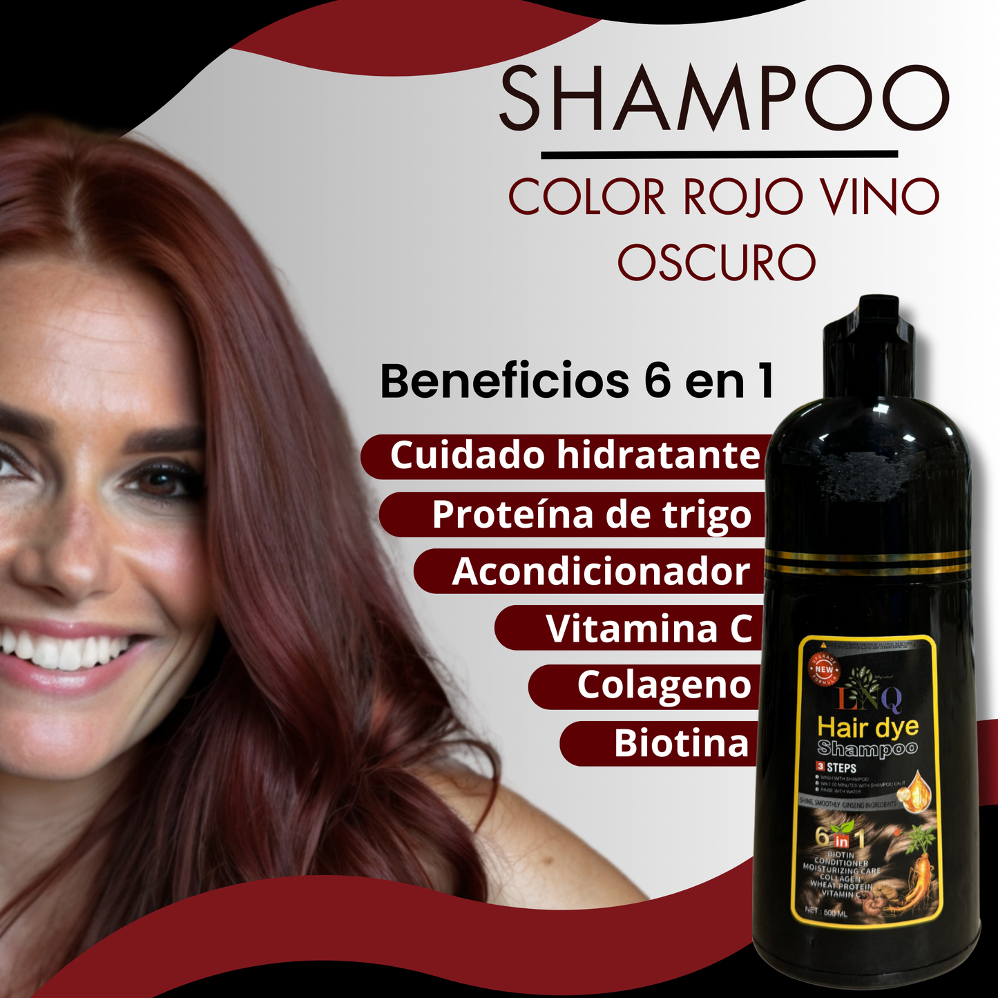 Shampoo con Tinte Natural 6 en 1 de Ginseng LNQ – Cubre Canas, Fortalece y Da Brillo | Tinte Capilar con Extractos Naturales