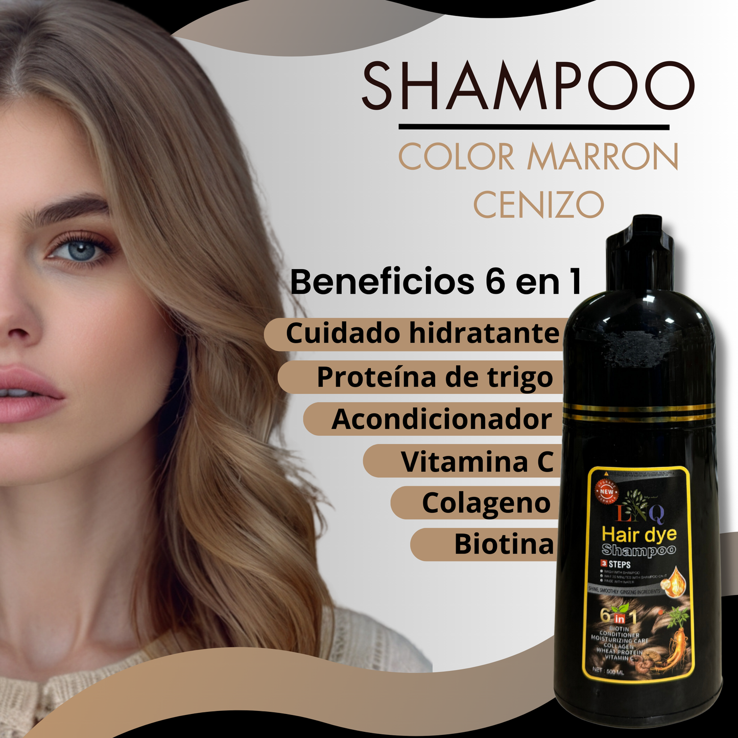Shampoo con Tinte Natural 6 en 1 de Ginseng LNQ – Cubre Canas, Fortalece y Da Brillo | Tinte Capilar con Extractos Naturales