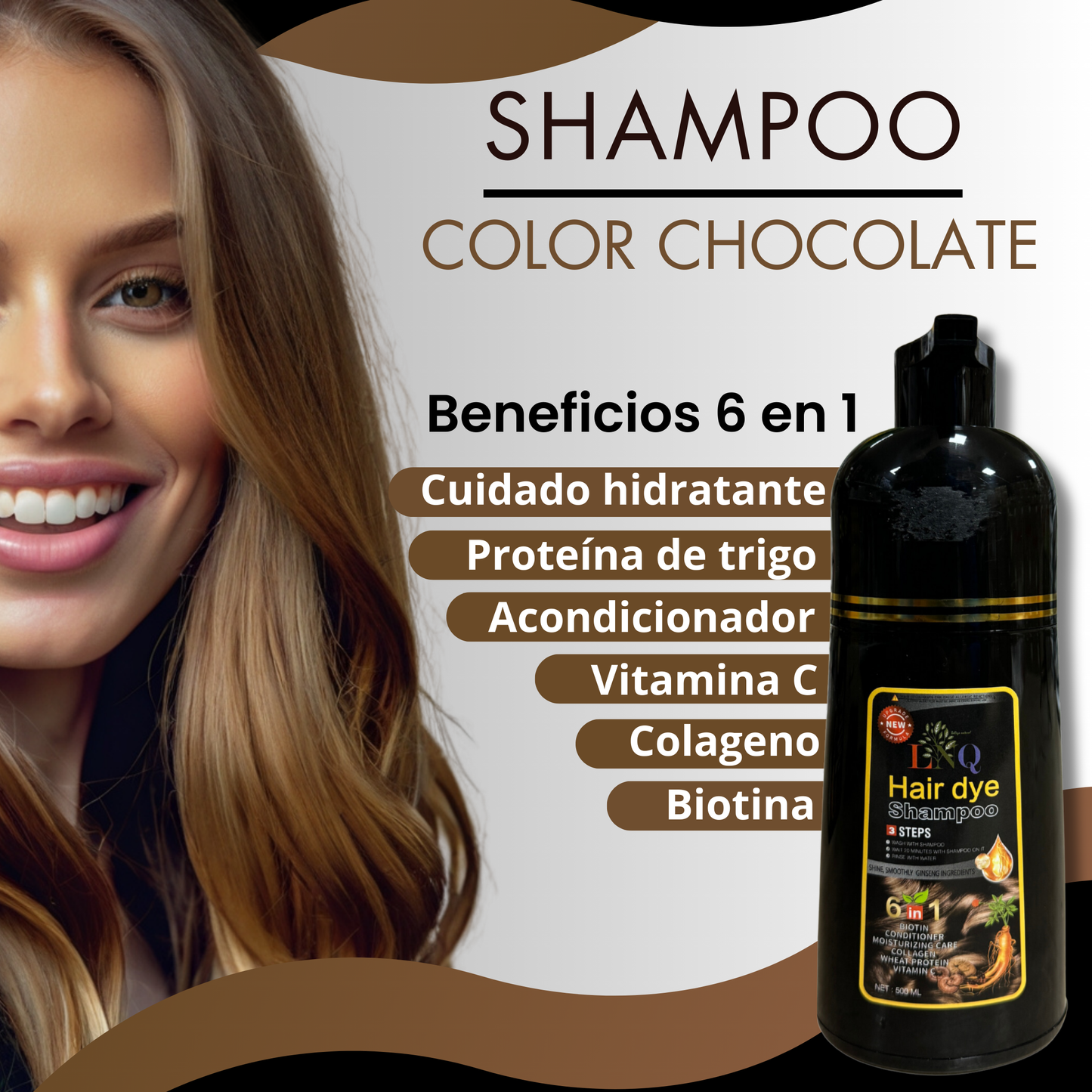 Shampoo con Tinte Natural 6 en 1 de Ginseng LNQ – Cubre Canas, Fortalece y Da Brillo | Tinte Capilar con Extractos Naturales