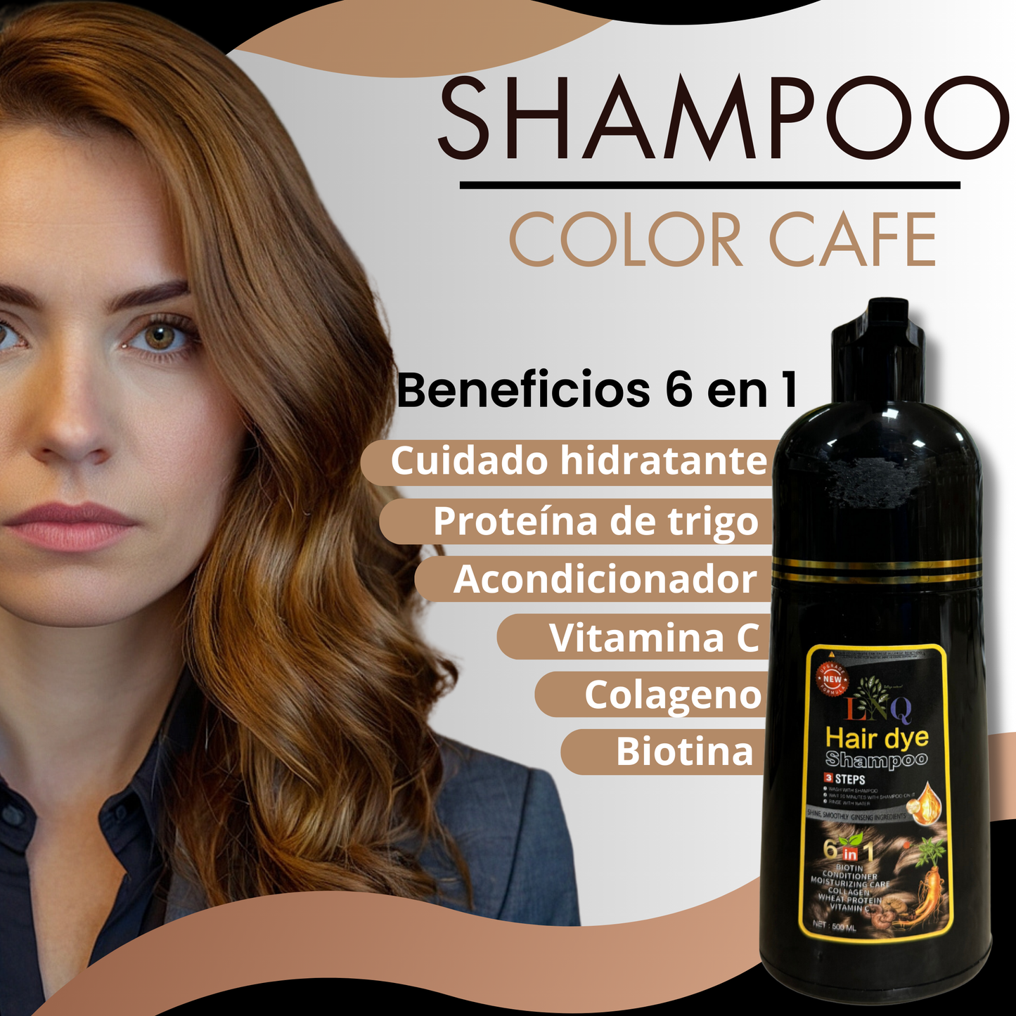 Shampoo con Tinte Natural 6 en 1 de Ginseng LNQ – Cubre Canas, Fortalece y Da Brillo | Tinte Capilar con Extractos Naturales