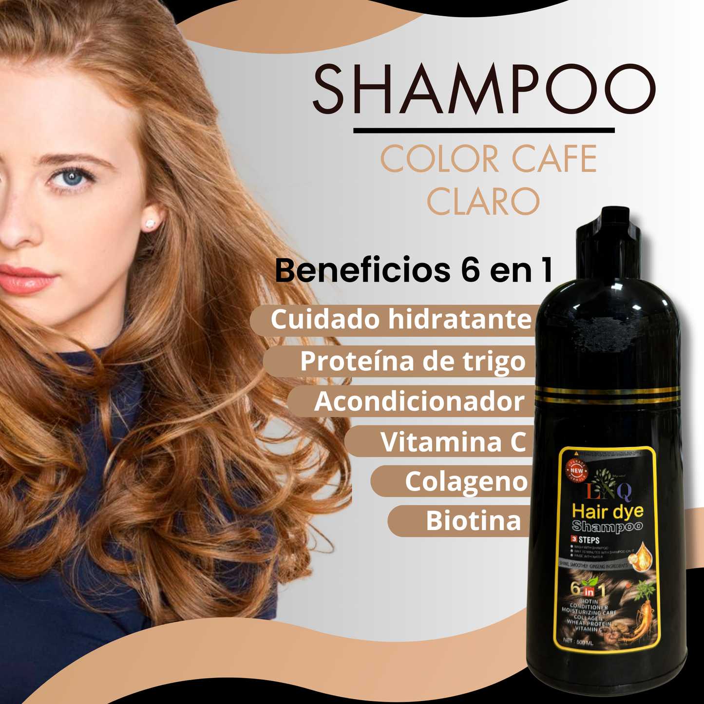 Shampoo con Tinte Natural 6 en 1 de Ginseng LNQ – Cubre Canas, Fortalece y Da Brillo | Tinte Capilar con Extractos Naturales